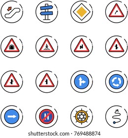 line vector icon set - escalator up vector, road signpost sign, main, turn right, tunnel, pedestrian, abrupt, intersection, only forward, circle, no parking even, hand wheel, trip
