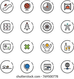 line vector icon set - escalator up vector, globe, radar, baggage room, christmas tree, firework, gymnastics, safe, delete cross, success, wine, swimming, terms plan