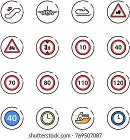line vector icon set - escalator up vector, plane, snowmobile, tractor way road sign, for moto, limited height, speed limit 10, 40, 70, 80, 110, 120, minimal, time, cruiser, clock
