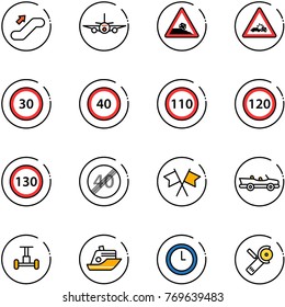line vector icon set - escalator up vector, plane, steep roadside road sign, car crash, speed limit 30, 40, 110, 120, 130, end, flags cross, cabrio, gyroscope, cruiser, clock, Angular grinder
