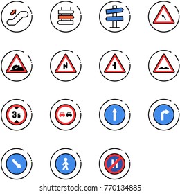 line vector icon set - escalator up vector, sign post, road signpost, turn left, climb, abrupt right, intersection, rough, limited height, no overtake, only forward, detour, pedestrian way