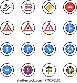 line vector icon set - escalator up vector, sign post, main road, no way, pedestrian, abrupt turn right, intersection, only forward, detour, circle, parking even, signpost, hand wheel