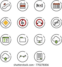 line vector icon set - escalator up vector, sign post, hotel, schedule, main road, limited height, distance, end overtake limit, website, folder, network, download cloud, upload, chart point arrow