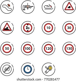 line vector icon set - escalator down vector, boarding passengers, snowmobile, tractor way road sign, steep roadside, limited height, speed limit 10, 30, 50, 100, 120, 130, end, clock