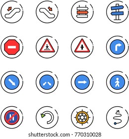 line vector icon set - escalator up vector, down, sign post, road signpost, no way, pedestrian, intersection, only right, detour, parking even, undo, hand wheel, trip