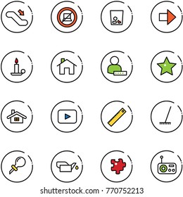 line vector icon set - escalator down vector, no computer sign, trash, right arrow, candle, home, user password, star, playback, ruler, rake, oiler, puzzle, radio