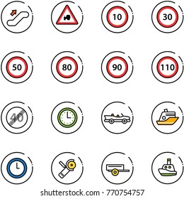 line vector icon set - escalator up vector, tractor way road sign, speed limit 10, 30, 50, 80, 90, 110, end, time, cabrio, cruiser, clock, Angular grinder, trailer, toy boat