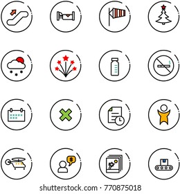line vector icon set - escalator up vector, hotel, side wind, christmas tree, snowfall, firework, vial, no smoking sign, schedule, delete cross, history, success, helicopter, money dialog, photo