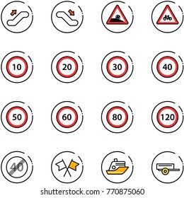 line vector icon set - escalator up vector, down, steep roadside road sign, for moto, speed limit 10, 20, 30, 40, 50, 60, 80, 120, end, flags cross, cruiser, trailer