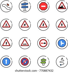 line vector icon set - escalator down vector, road signpost sign, no way, steep roadside, pedestrian, abrupt turn right, intersection, rough, overtake, only forward, parking even, trip