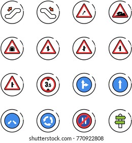 line vector icon set - escalator up vector, down, turn right road sign, climb, tunnel, intersection, limited height, only forward, detour, circle, no parking even, signpost