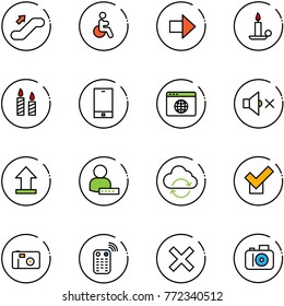 line vector icon set - escalator up vector, disabled, right arrow, candle, phone, browser globe, volume off, uplooad, user password, refresh cloud, check, photo, remote control, delete, camera