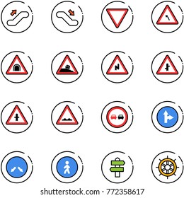 line vector icon set - escalator up vector, down, giving way road sign, turn left, tunnel, steep roadside, abrupt right, intersection, rough, no overtake, only forward, detour, pedestrian, signpost