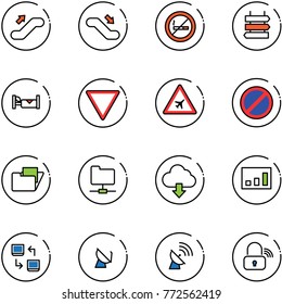 line vector icon set - escalator up vector, down, no smoking sign, post, hotel, giving way road, airport, parking, folder, network, download cloud, statistics, data exchange, satellite antenna
