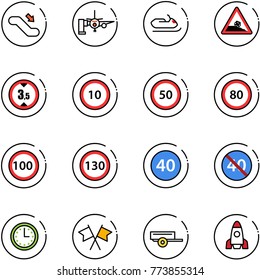 line vector icon set - escalator down vector, boarding passengers, snowmobile, steep roadside road sign, limited height, speed limit 10, 50, 80, 100, 130, minimal, end, time, flags cross, trailer