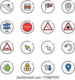 line vector icon set - escalator down vector, sign post, side wind, dollar pin, road signpost, stop, turn left, tunnel, rough, cursor, undo, arrow up, arrows, navigation