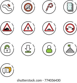 line vector icon set - escalator down vector, no computer sign, lollipop, breads, steep descent road, intersection, artificial unevenness, limited distance, unlocked, download, user, pyramid flag