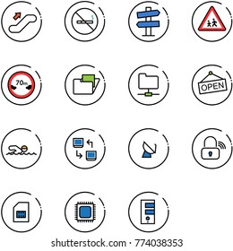 line vector icon set - escalator up vector, no smoking sign, road signpost, children, limited distance, folder, network, open, swimming, data exchange, satellite antenna, wireless lock, sim, cpu