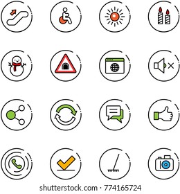 line vector icon set - escalator up vector, disabled, sun, candle, snowman, tunnel road sign, browser globe, volume off, share, refresh, chat, like, phone horn, check, rake, camera