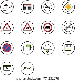 line vector icon set - escalator up vector, schedule, no smoking sign, main road, airport, children, truck, end overtake limit, parking, folder, download cloud, save, presentation board