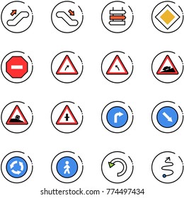 line vector icon set - escalator up vector, down, sign post, main road, no way, turn right, left, climb, steep roadside, intersection, only, detour, circle, pedestrian, undo, trip