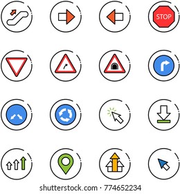 line vector icon set - escalator up vector, right arrow, left, stop road sign, giving way, turn, tunnel, only, detour, circle, cursor, download, arrows, map pin