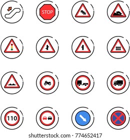 line vector icon set - escalator up vector, stop road sign, multi lane traffic, steep descent, light, intersection, railway, rough, no moto, trailer, truck, speed limit 110, overtake, detour