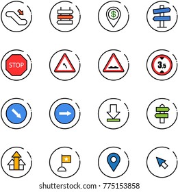 line vector icon set - escalator down vector, sign post, dollar pin, road signpost, stop, turn left, rough, limited height, detour, only right, download, arrows up, flag, navigation, cursor