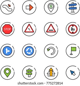 line vector icon set - escalator down vector, right arrow, dollar pin, road signpost sign, stop, turn left, rough, limited height, only forward, circle, undo, flag, map, arrows up, cursor