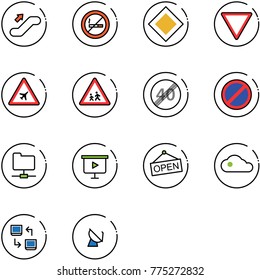 line vector icon set - escalator up vector, no smoking sign, main road, giving way, airport, children, end speed limit, parking, network folder, presentation board, open, cloud, data exchange