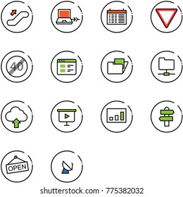 line vector icon set - escalator up vector, netabook connect, schedule, giving way road sign, end speed limit, website, folder, network, upload cloud, presentation board, statistics, signpost, open
