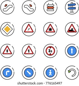 line vector icon set - escalator up vector, down, sign post, road signpost, main, turn right, tunnel, steep roadside, intersection, limited height, only forward, detour, pedestrian way, undo