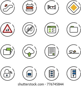line vector icon set - escalator up vector, sign post, hotel, main road, children, end speed limit, website, folder, upload cloud, agreement, swimming, wireless lock, sim, chip, server
