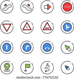 line vector icon set - escalator up vector, down, right arrow, stop road sign, giving way, turn left, rough, only forward, detour, cursor, map pin, flag, trip