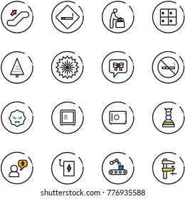 line vector icon set - escalator up vector, smoking area sign, baby room, baggage, christmas tree, firework, bow message, no, virus, safe, chess queen, money dialog, power bank, conveyor, clamp