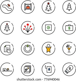 line vector icon set - escalator down vector, baggage room, christmas tree, firework, safe, money case, history, standby, success, drink, swimming, photo, power bank, usb wi fi