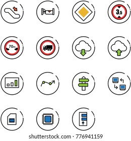 line vector icon set - escalator down vector, hotel, main road sign, limited height, distance, no truck, download cloud, upload, statistics, chart point arrow, signpost, data exchange, sim, cpu