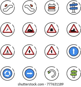 line vector icon set - escalator up vector, down, sign post, road signpost, turn right, climb, tunnel, steep roadside, pedestrian, intersection, only forward, circle, undo