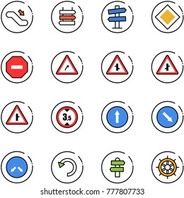 line vector icon set - escalator down vector, sign post, road signpost, main, no way, turn right, intersection, limited height, only forward, detour, undo, hand wheel