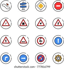 line vector icon set - escalator down vector, road signpost sign, main, no way, turn right, tunnel, abrupt, intersection, rough, limited height, only forward, parking even, hand wheel