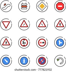 line vector icon set - escalator up vector, sign post, main road, no way, giving, turn right, left, intersection, limited height, overtake, only forward, detour, pedestrian, parking even, undo