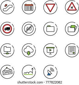 line vector icon set - escalator up vector, schedule, giving way road sign, airport, no truck, end speed limit, folder, network, download cloud, presentation board, agreement, open, growth