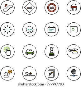 line vector icon set - escalator up vector, smoking area sign, no, shower, virus, schedule, safe, hand cursor, car, chess queen, helicopter, money dialog, swimming, photo, globe