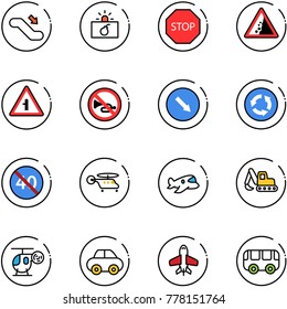 line vector icon set - escalator down vector, terrorism, stop road sign, landslide, intersection, no horn, detour, circle, end minimal speed limit, helicopter, plane toy, excavator, car, bus