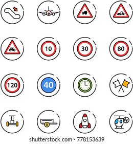 line vector icon set - escalator down vector, plane, tractor way road sign, car crash, for moto, speed limit 10, 30, 80, 120, minimal, time, flags cross, gyroscope, trailer, rocket, helicopter toy