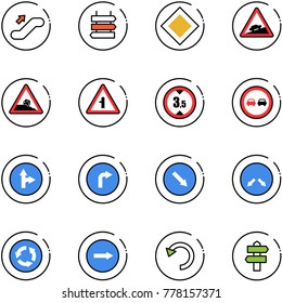 line vector icon set - escalator up vector, sign post, main road, climb, steep roadside, intersection, limited height, no overtake, only forward right, detour, circle, undo, signpost