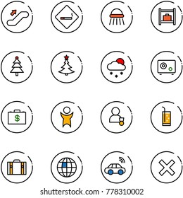 line vector icon set - escalator up vector, smoking area sign, shower, baggage room, christmas tree, snowfall, safe, money case, success, winner, drink, suitcase, globe, car wireless, delete