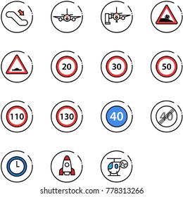 line vector icon set - escalator down vector, plane, boarding passengers, steep roadside road sign, artificial unevenness, speed limit 20, 30, 50, 110, 130, minimal, end, clock, rocket