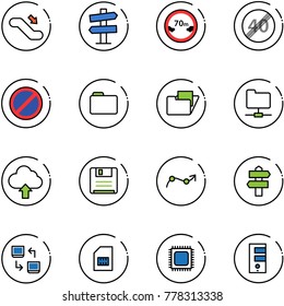 line vector icon set - escalator down vector, road signpost sign, limited distance, end speed limit, no parking, folder, network, upload cloud, save, chart point arrow, data exchange, sim, cpu