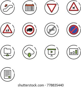 line vector icon set - escalator up vector, schedule, giving way road sign, airport, children, no truck, end overtake limit, parking, network folder, download cloud, presentation board, statistics